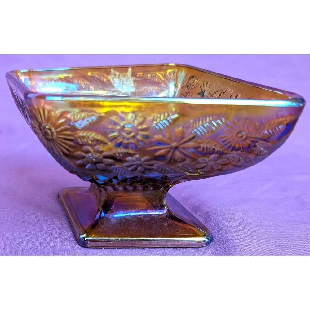 Indiana Carnival Glass Diamond Shaped Pedestal Dish Amber Iridescent Vintage